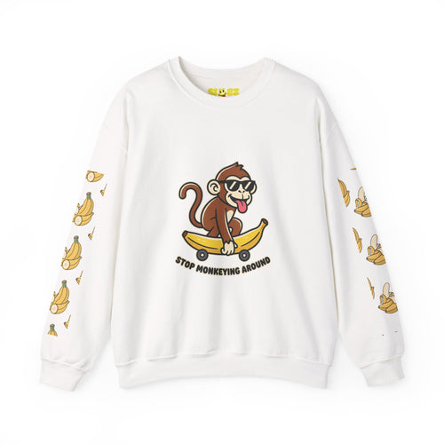 Stop Monkeying Around Crewneck Sweatshirt — Cute Monkey on Banana Graphic